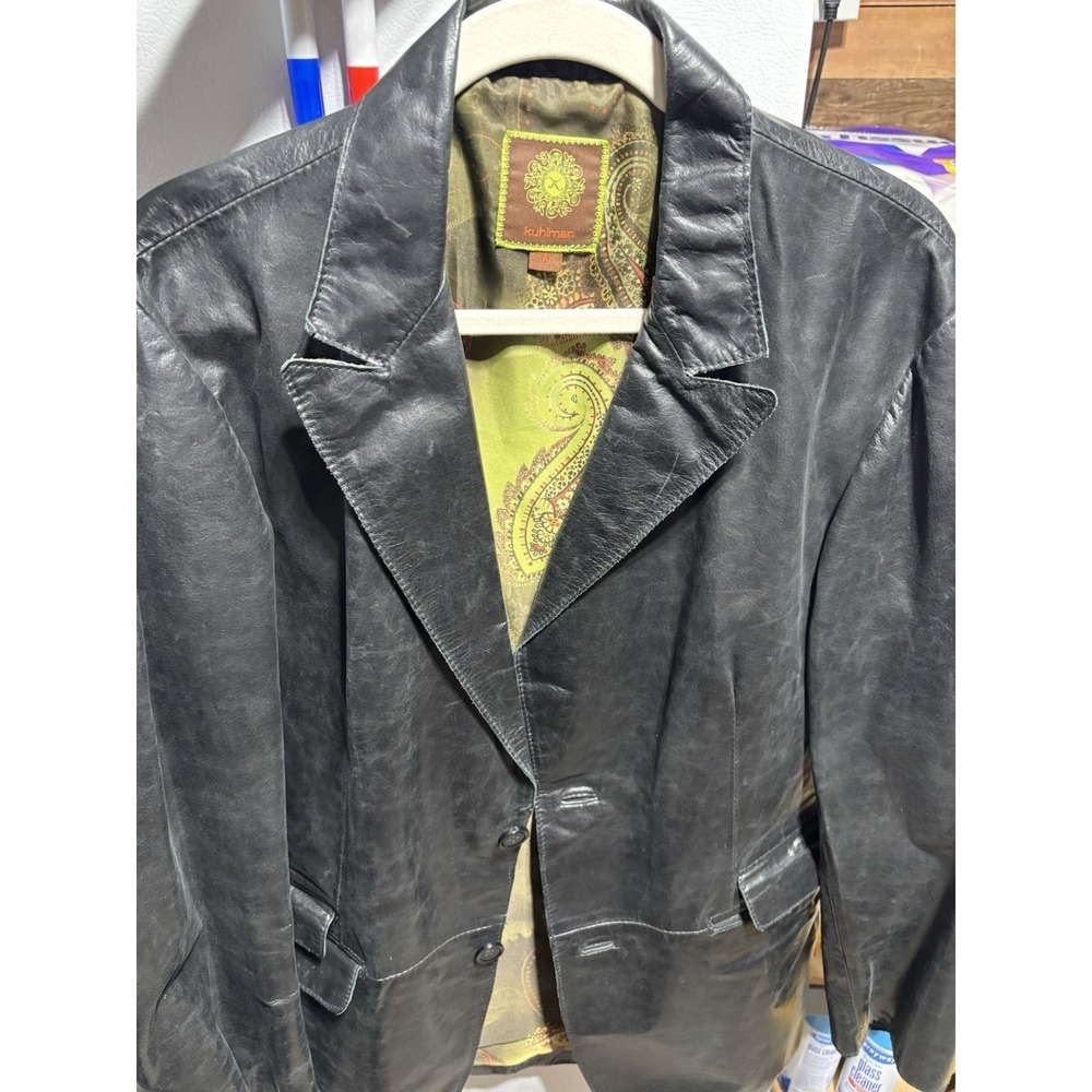 Vtg Kuhlman‎ Black Leather Jacket Women's Size 4 Green Paisley Inside